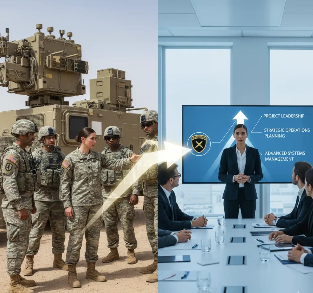 Illustration: uniformed personnel in the field on one side and a civilian boardroom presentation on the other, linked by an arrow